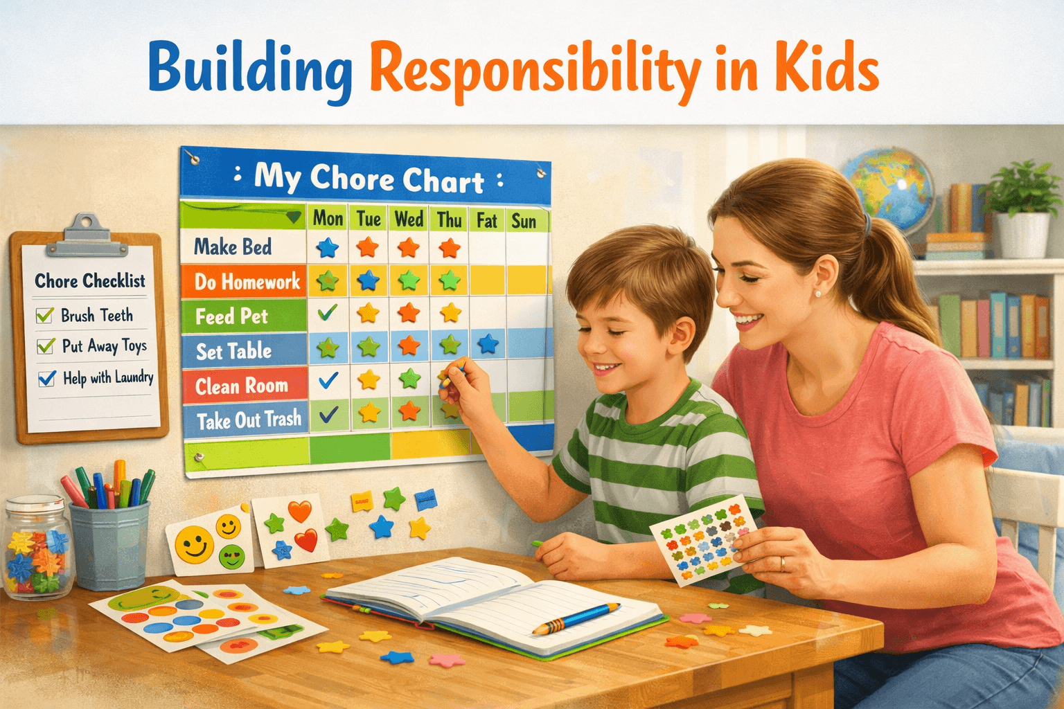 Building responsibility in kids through daily habits, chore charts, and life skills activities