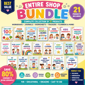 Entire Shop Bundle for Kids Printable PDF | 21 Educational Workbooks, Journals & Worksheets | Homeschool Learning Activities | Instant Download